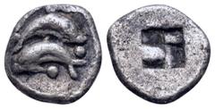 Greek Islands off Thrace, Thasos AR Hemiobol. Circa 500-480 BC. Two dolphins swimming in opposite directions, the one over the other; pellets around / Quadripartite incuse square. Le Rider, Thasiennes