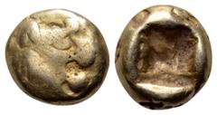 Greek Kingdom of Lydia, Alyattes EL Hemihekte - 1/12 Stater. Sardes, circa 610-560 BC. Lion's head left with open jaws / Incuse square. Weidauer 11-112. 1.12g, 7mm. Very Fine.