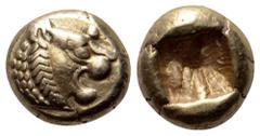 Greek Kingdom of Lydia, Alyattes EL Hemihekte - 1/12 Stater. Sardes, circa 610-560 BC. Head of roaring lion right, sun on forehead (later style) / Incuse square punch. Weidauer group XVI, 90; Traité I