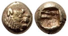 Greek Kingdom of Lydia, Alyattes EL Hemihekte - 1/12 Stater. Sardes, circa 610-560 BC. Head of roaring lion right, sun on forehead (later style) / Incuse square punch. Weidauer group XVI, 90; Traité I