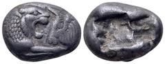 Greek Kingdom of Lydia, Kroisos AR Half Stater - Siglos. Sardes, circa 564-539 BC. Confronted foreparts of lion right and bull left / Two incuse square punches of unequal size. SNG Copenhagen 456; SNG
