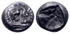 Greek Kingdom of Lydia, Kroisos AR 1/24 Stater. Sardes, circa 550-546 BC. Confronted foreparts of lion and bull / Incuse punch. Klein 562. 0.79g, 7mm. Very Fine.