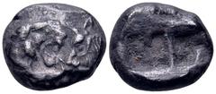 Greek Kingdom of Lydia, Kroisos AR Half Stater – Siglos. Sardes, circa 545-520 BC. Confronted foreparts of lion and bull / Two incuse square punches of unequal size. SNG Copenhagen 456; SNG von Aulock