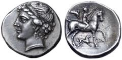 Greek Calabria, Tarentum AR Nomos. Campano-Tarentine series, circa 281-228 BC. Head of nymph left, wearing head band and triple pendant earring / Nude youth on horseback right, crowning horse that rai