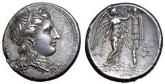 Greek Sicily, Syracuse AR Tetradrachm. Time of Agathokles, circa 310-306/5 BC. Head of Kore right, wearing earring, necklace and wreath of grain ears; KOPAΣ to left / Nike standing right, wearing drap