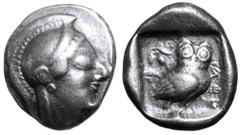 Greek Attica, Athens AR Tetradrachm. Circa 490-482 BC. Archaic head of Athena right, wearing crested Attic helmet decorated with chevron and dot pattern / AΘE, owl standing three-quarters right, head 