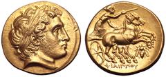 Greek Kingdom of Macedon, Philip II AV Stater. Struck under Philip III. Amphipolis, circa 323-315 BC. Laureate head of Apollo right, with the features of Alexander III / Charioteer, holding kentron an