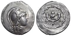 Greek Ionia, Lebedos AR Tetradrachm. Circa 160-140 BC. Stephanophoric type. Korabos, magistrate. Head of Athena right, wearing triple-crested Attic helmet with laurel branch above visor / Owl standing