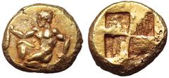 Greek Mysia, Kyzikos EL Hekte. Circa 500-450 BC. Nude youth kneeling to left, holding tunny fish in each hand / Quadripartite incuse square. Goldberg 63, 2469; cf. Von Fritze 70 (stater); cf. Greenwel