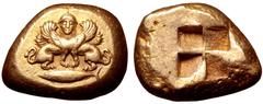 Greek Mysia, Kyzikos EL Stater. Circa 500-450 BC. Double-bodied winged sphinx standing with head facing atop tunny fish to right, wearing ouraios, hair falling in plaited locks behind / Quadripartite 