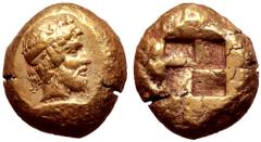 Greek Mysia, Kyzikos EL Stater. Circa 450-330 BC. Archaistic head of Dionysos to right, wearing diadem and ivy wreath; tunny fish below to right / Quadripartite incuse square. Von Fritze 138; Boston M