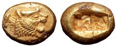 Greek Kingdom of Lydia, Alyattes EL Trite. Sardes, circa 610-546 BC. Head of roaring lion right, sunburst with multiple rays on forehead / Two incuse squares of unequal size. Traité II/1, 44, pl. II, 