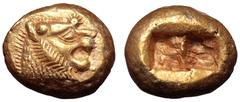 Greek Kingdom of Lydia, Alyattes EL Trite. Sardes, circa 610-546 BC. Head of roaring lion right, sunburst with multiple rays on forehead / Two incuse squares of unequal size. Traité II/1, 44, pl. II, 