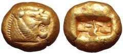 Greek Kingdom of Lydia, Alyattes EL Trite. Sardes, circa 610-546 BC. Head of roaring lion right, sunburst with multiple rays on forehead / Two incuse squares of unequal size. Traité II/1, 44, pl. II, 