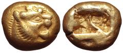 Greek Kingdom of Lydia, Alyattes EL Trite. Sardes, circa 610-546 BC. Head of roaring lion right, sunburst with multiple rays on forehead / Two incuse squares of unequal size. Traité II/1, 44, pl. II, 