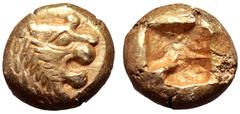 Greek Kingdom of Lydia, Alyattes EL Hemihekte. Sardes, circa 610-560 BC. Head of roaring lion right, sunburst on forehead / Incuse square. Weidauer group XVI, 90; Traité I 47; SNG Kayhan 101; Rosen 65