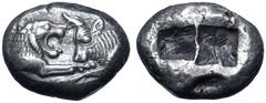 Greek Kingdom of Lydia, Kroisos AR Stater - Double Siglos. Sardes, circa 564/53-550/39 BC. Confronted foreparts of lion right and bull left / Two incuse squares of unequal size. Berk 20; Traité I 407;