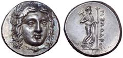 Greek Satraps of Karia, Pixodaros AR Didrachm. Halikarnassos, circa 341/0-336/5 BC. Laureate head of Apollo facing slightly right, with drapery around neck / Zeus Labraundos standing right, holding do