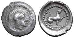Greek Lykia, Tlos AR Hemiobol. Circa 400-380 BC. Helmeted head of Athena right / Panther seated to right, raising forepaw. Müseler VII, 16; Nomos 7, 196. 0.31g, 9m, 1h. Good Very Fine. Extremely Rare.