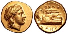 Greek Bithynia, Kios AV Stater. Circa 340-330. Hierokles, magistrate. Laureate head of Apollo to right / Prow of war galley to left, ornamented with a star on fighting platform; club above, eagle stan