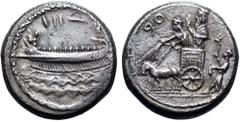 Greek Phoenicia, Sidon AR Dishekel. `Abd`aštart (Straton) I, dated RY 13 = 353/2 BC. War galley under way to left over zig-zag waves; III- (date) above / King of Persia and charioteer in biga left, Ki