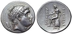 Greek Seleukid Empire, Antiochos I Soter AR Tetradrachm. Smyrna, circa 281-261 BC. Diademed head right / Apollo Delphios seated left on omphalos, testing arrows and resting on grounded bow; ΒΑΣΙΛΕΩΣ t
