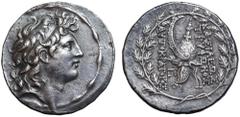 Greek Seleukid Empire, Diodotos Tryphon AR Tetradrachm. Antioch, circa 142/1-138 BC. Diademed head of Tryphon right / ΒΑΣΙΛΕΩΣ ΤΡΥΦΩΝΟΣ ΑΥΤΟΚΡΑΤΟΡΟΣ, Macedonian helmet adorned with ibex horn, Π monogr