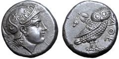 Greek Baktria, 'Athenian Series' AR Tetradrachm. Uncertain mint in the Oxus region, circa 261-239/8 BC. Attic standard. Head of Athena right, wearing earring, necklace, and crested Attic helmet decora