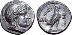 Greek Baktria, Sophytes AR Tetradrachm. Uncertain mint in the Oxus region, circa 246/5-235 BC. Attic standard. Head of Athena right, wearing earring, necklace, and crested Attic helmet decorated with 