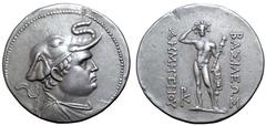 Greek Greco-Baktrian Kingdom, Demetrios I Aniketos AR Tetradrachm. Circa 200-185 BC. Diademed and draped bust right, wearing elephant skin headdress / BAΣIΛEΩΣ ΔHMHTPIOY, Herakles standing facing, cro