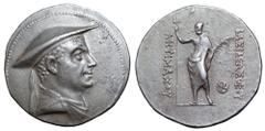 Greek Greco-Baktrian Kingdom, Antimachos I Theos AR Tetradrachm. Circa 180-170 BC. Diademed and draped bust right, wearing kausia / BAΣIΛEΩΣ ANTIMAXOY, Poseidon, laureate, standing facing, holding tri