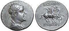 Greek Greco-Baktrian Kingdom, Eukratides I AR Tetradrachm. Circa 171-145 BC. Diademed, draped and cuirassed bust right / The Dioskouroi on horses prancing right, each holding spear and palm; ΒΑΣΙΛΕΩΣ 