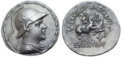 Greek Greco-Baktrian Kingdom, Eukratides I 'the Great' AR Tetradrachm. Circa 170-145 BC. Helmeted bust right / The Dioskouroi on horses prancing right, each holding spear and palm; ΒΑΣΙΛΕΩΣ ΜΕΓΑΛΟΥ ab