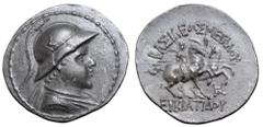 Greek Greco-Baktrian Kingdom, Eukratides I 'the Great' AR Tetradrachm. Circa 170-145 BC. Helmeted bust right / The Dioskouroi on horses prancing right, each holding spear and palm; ΒΑΣΙΛΕΩΣ ΜΕΓΑΛΟΥ ab