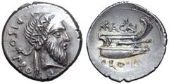 Roman Imperatorial Cnaeus Pompey Magnus AR Denarius. Mint in Greece, 49-48 BC. Cn. Calpurnius Piso, proquaestor. Head of Numa Pompilius right, wearing diadem inscribed NVMA; CN•PISO PRO•Q• around / Pr