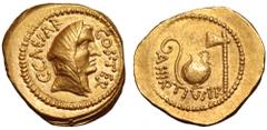 Roman Imperatorial Julius Caesar AV Aureus. Rome, early 46 BC. A. Hirtius, praetor. Veiled female head (Vesta?) right; C•CAESAR COS•TER around / Emblems of the augurate and pontificate: lituus, guttus