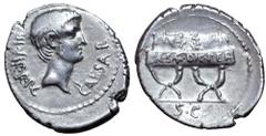 Roman Imperatorial Octavian AR Denarius. Military mint travelling with Octavian in Italy, spring-summer 42 BC. Bare head right, slightly bearded; CAESAR before, III•VIR•R•P•C behind / Wreath set on cu