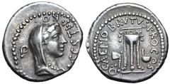 Roman Imperatorial Q. Servilius Caepio (M. Junius) Brutus AR Denarius. Military mint travelling with Brutus in Asia Minor, 42 BC. L. Sestius, proquaestor. Veiled and draped bust of Libertas right; L•S