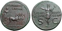 Roman Imperial Germanicus Æ Dupondius. Struck under Caligula. Rome, AD 37-41. GERMANICVS CAESAR, Germanicus, bareheaded and draped, standing right in chariot, holding eagle-tipped sceptre and reins in