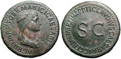 Roman Imperial Agrippina I Æ Sestertius. Struck under Claudius. Rome, circa AD 42-43. AGRIPPINA M F GERMANICI CAESARIS, draped bust right, with hair in long plait / TI CLAVDIVS CAESAR AVG GERM P M TR 