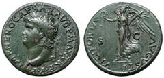 Roman Imperial Nero Æ Dupondius. Lugdunum, AD 66. IMP NERO CAESAR AVG P MAX TR P P P, laureate head left / VICTORIA AVGVSTI, Victory advancing left, holding wreath and palm; S-C across fields. RIC 523
