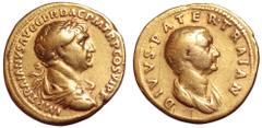 Roman Imperial Trajan AV Aureus. Rome, AD 112-113. IMP TRAIANVS AVG GER DΛC P M TR P COS VI P P, laureate, draped and cuirassed bust right / DIVVS•PATER•TRAIAN, bare-headed and draped bust of Trajan's