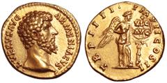 Roman Imperial Lucius Verus AV Aureus. Rome, AD 164. •L• VERVS AVG ARMENIACVS, bare head right / TR P IIII•IMP II COS II, Victory standing to right, naked to waist, setting round shield inscribed VIC 