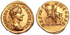 Roman Imperial Commodus AV Aureus. Rome, AD 178. L•AVREL•COMMODVS AVG, laureate, draped and cuirassed bust right / TR P III•IMP II•COS•P•P•, Castor standing left, holding horse by its bridle with righ
