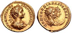 Roman Imperial Caracalla AV Aureus. Rome, AD 201. ANTONINVS PIVS AVG PON TR P IIII, laureate, draped and cuirassed bust right / CONCORDIAE AETERNAE, jugate busts right of Septimius Severus, radiate an
