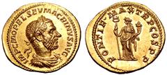 Roman Imperial Macrinus AV Aureus. Rome, AD 217. IMP C M OPEL SEV MACRINVS AVG, laureate, draped and cuirassed bust right / PONTIF MAX TR P COS P P, Felicitas standing left, cradling cornucopiae with 