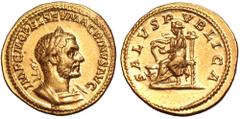 Roman Imperial Macrinus AV Aureus. Rome, AD 218. IMP C M OPEL SEV MACRINVS AVG, laureate and cuirassed bust right / SALVS PVBLICA, Salus seated left, feeding serpent rising from altar. Clay, Macrinus,