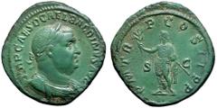 Roman Imperial Balbinus Æ Sestertius. Rome, AD 238. IMP CAES D CAEL BALBINVS AVG, laureate, draped and cuirassed bust right / P M TR P COS II P P, emperor, togate, standing left, holding branch and pa
