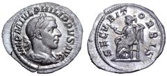 Roman Imperial Philip I AR Denarius. Rome, AD 244. IMP M IVL PHILIPPVS AVG, laureate, draped and cuirassed bust right / SECVRIT ORBIS, Securitas seated left, holding sceptre and leaning head on left h