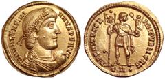 Roman Imperial Valentinian I AV Solidus. Treveri, AD 364-367. D N VALENTINIANVS P F AVG, pearl-diademed, draped and cuirassed bust right / RESTITVTOR REIPVBLICAE, Emperor standing facing, head right, 
